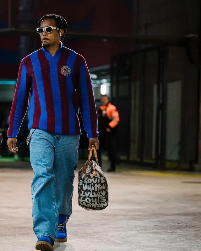 Jules Kounde outfit in Aime Leon Dore, Louis Vuitton, and Kenzo, 2024