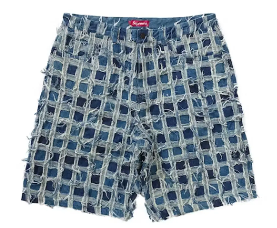 Supreme Washed Blue Frayed Patchwork Baggy Denim Shorts  $148