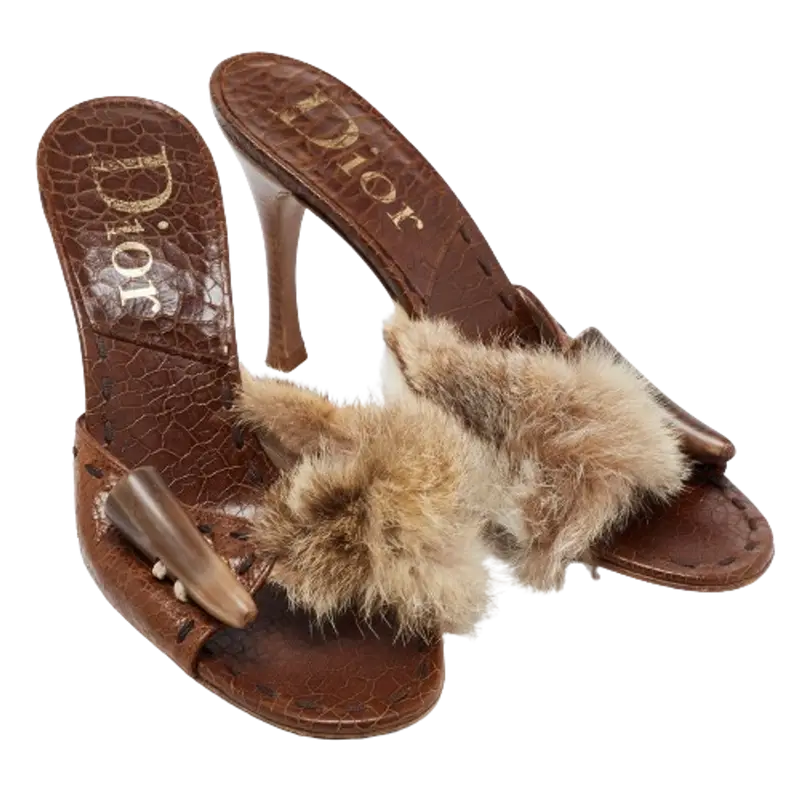Dior Brown Leather And Fur Slide Sandals Size 38.5 $451
