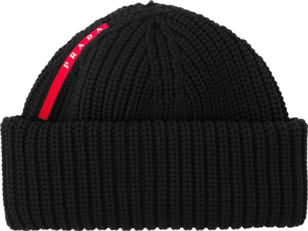 Prada Black Linea Rossa Ribbed Beanie $495