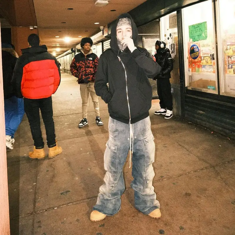 Ndotspinalot outfit in Rick Owens and Timberland, 2024