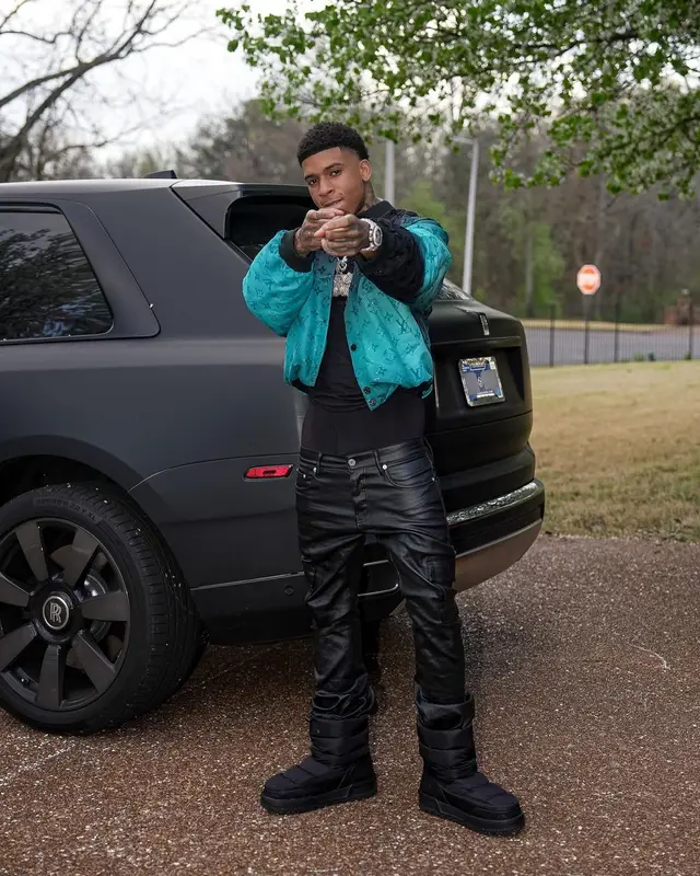 NLE Choppa outfit in Louis Vuitton and Purple Brand, 2024