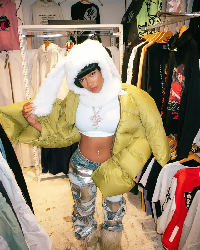Megan Thee Stallion outfit in Rick Owens, Who Decides War, and Moncler, 2024