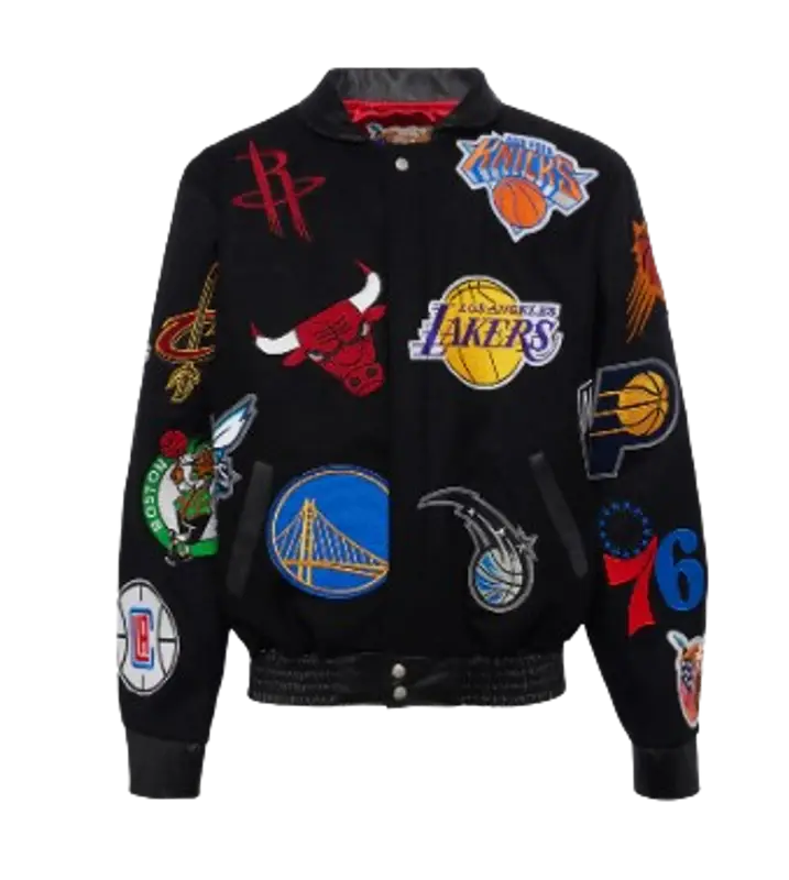 NBA Collage Wool Black Leather Jacket $850