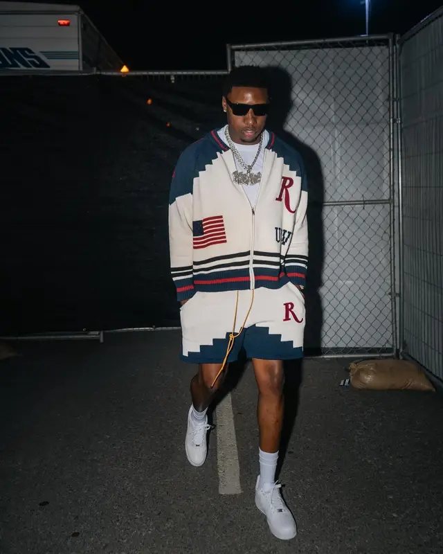 Rob49 outfit in Rhude, Nike, and Burberry, 2024