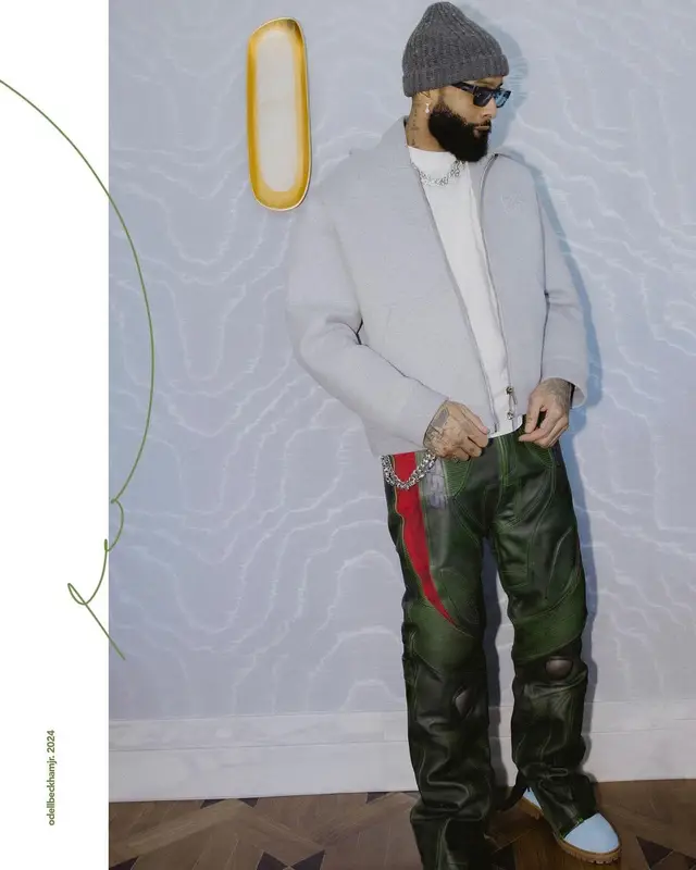 Odell Beckham Jr outfit in Miu Miu, Timberland, and Retrosuperfuture, 2024