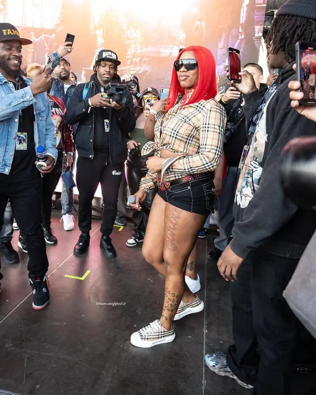 Sexyy Red outfit in Burberry, True Religion, and B.B. Simon, 2024