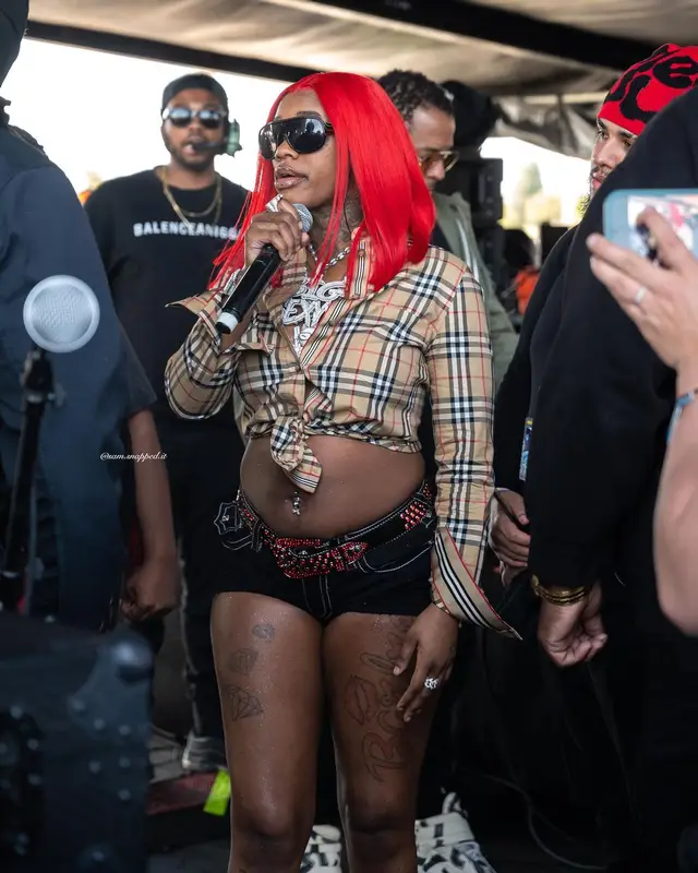 Sexyy Red outfit in Burberry, True Religion, and B.B. Simon, 2024