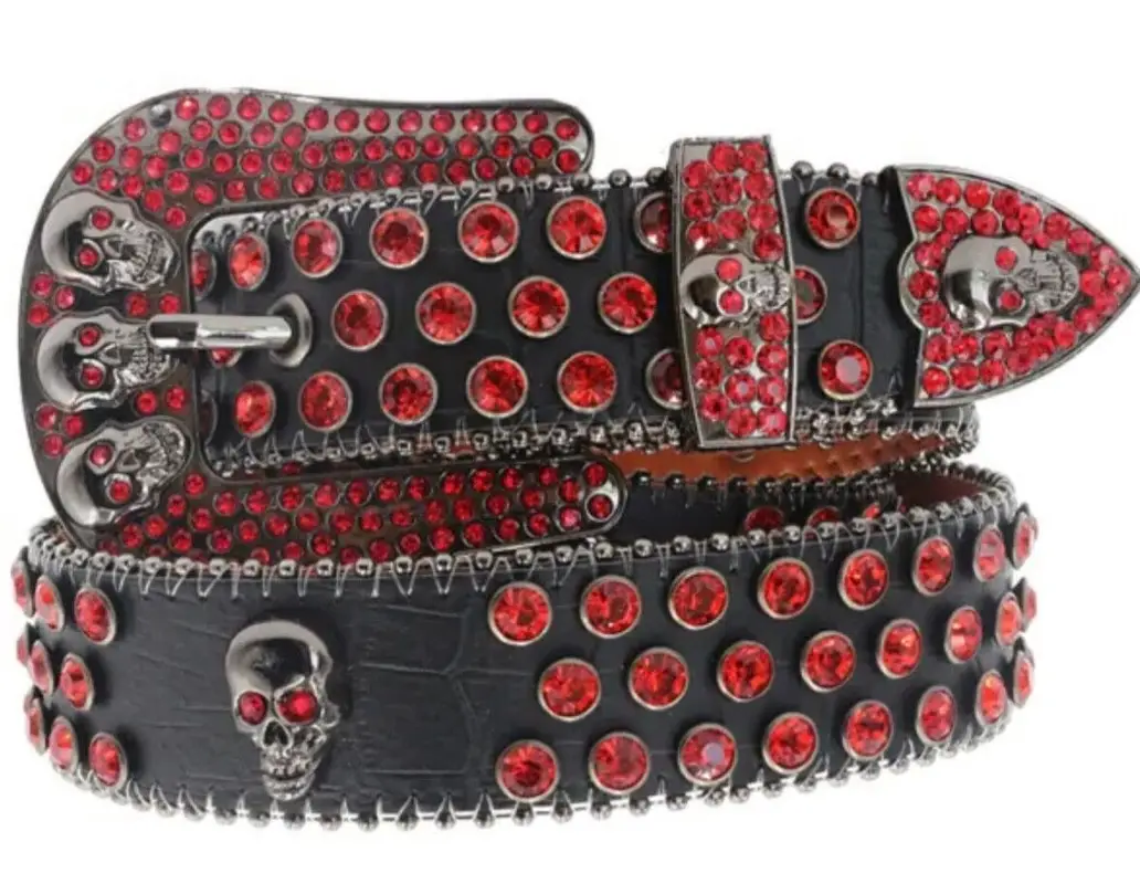 B.B. Simon Black Red Fully Loaded Triple Row Crystal Skull Belt $480