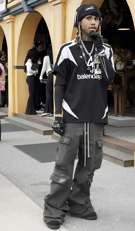 Lil Gnar outfit in Balenciaga, Rick Owens, and Gnarcotic, 2024