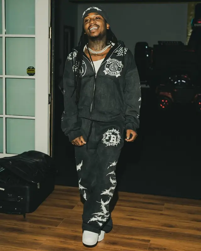 Jacquees outfit in Frozen Roses and Nike, 2024