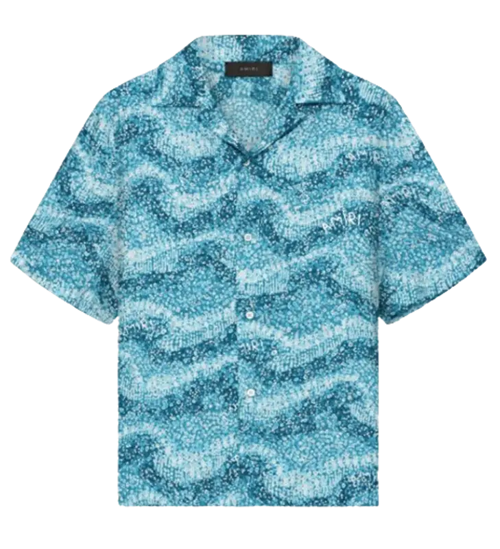 Amiri Ashley Blue Wavy Embellished Bowling Shirt $2690