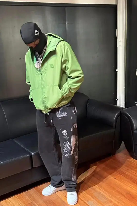 Meek Mill outfit in Louis Vuitton, Off-White, and Nike, 2024