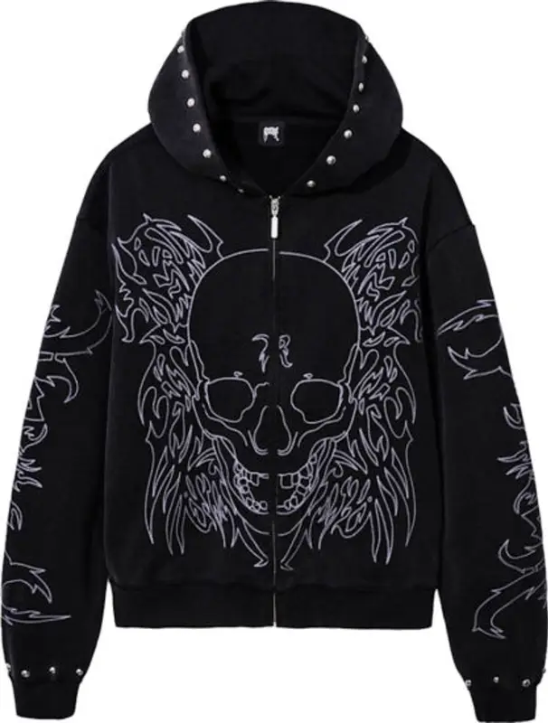 Revenge  Black Tribal Skull Studded Zip Hoodie $181