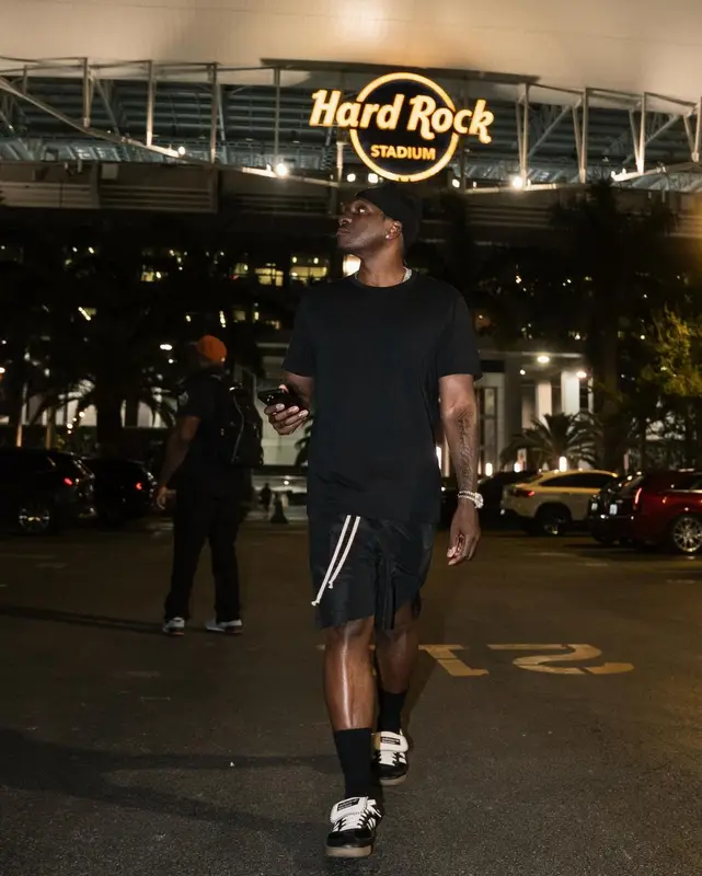 Pusha T outfit in Uniqlo, Rick Owens, and Adidas, 2024