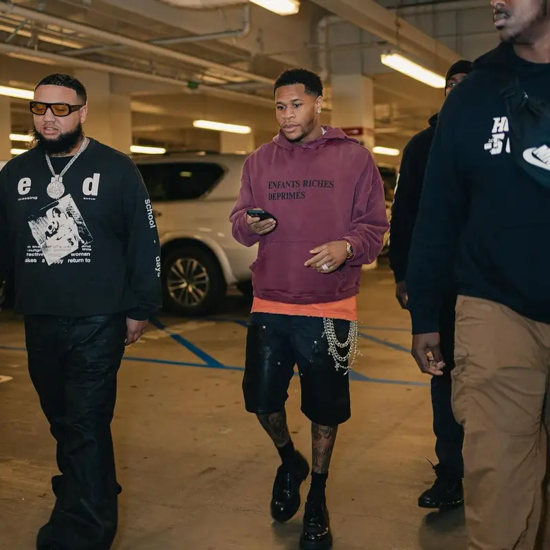 Devin Haney outfit in Enfants Riches Deprimes, Chrome Hearts, and Prada, 2024