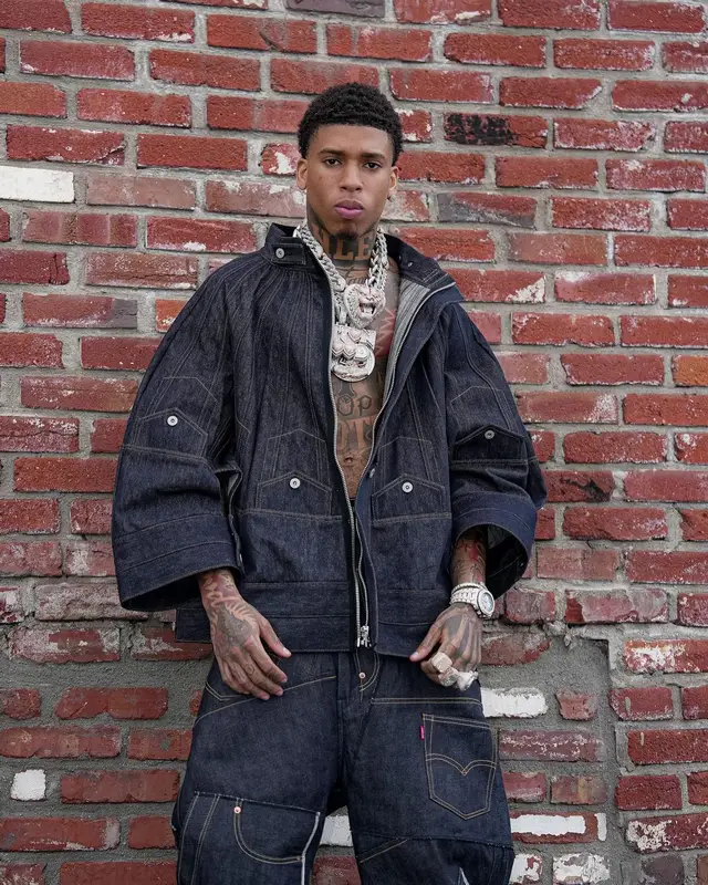 NLE Choppa outfit in Junya Watanabe and Calvin Klein, 2024
