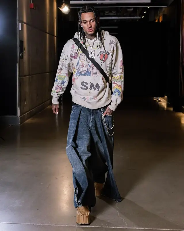 Jordan Clarkson outfit in Saint Michael, Balenciaga, and MSCHF, 2024