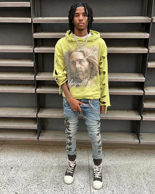 Lil Darius outfit in Amiri and Rick Owens, 2024