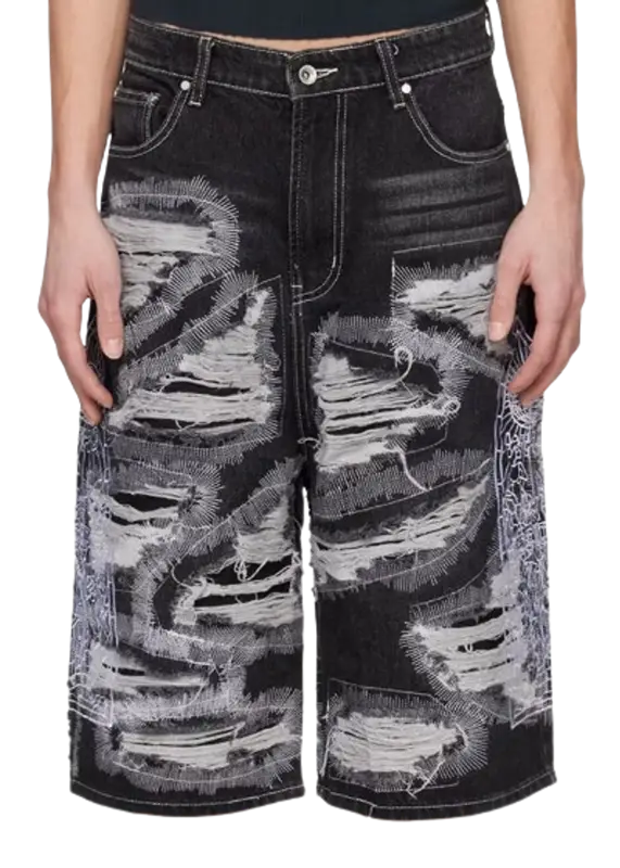Who Decides War Black Embroidered Denim Shorts $500