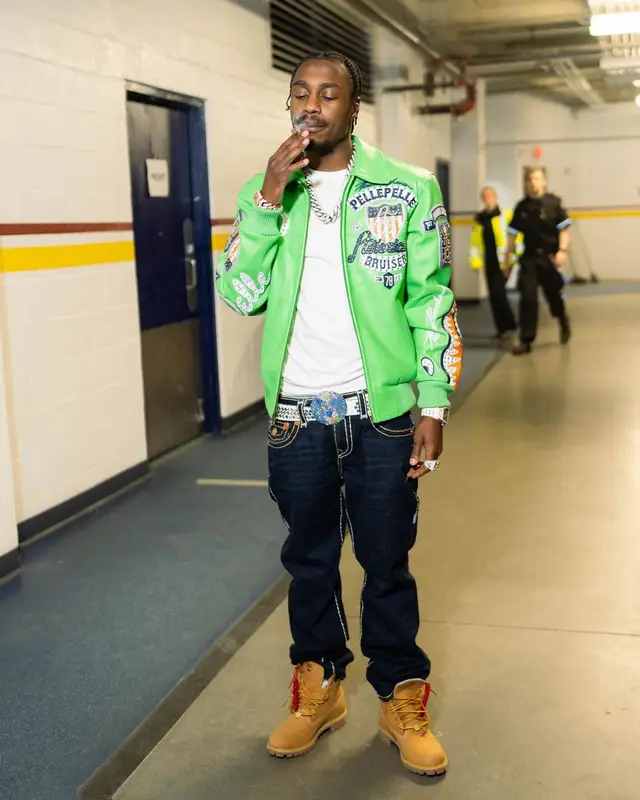 Lil Tjay outfit in True Religion, Timberland, and B.B. Simon, 2024