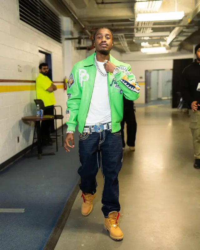 Lil Tjay outfit in True Religion, Timberland, and B.B. Simon, 2024