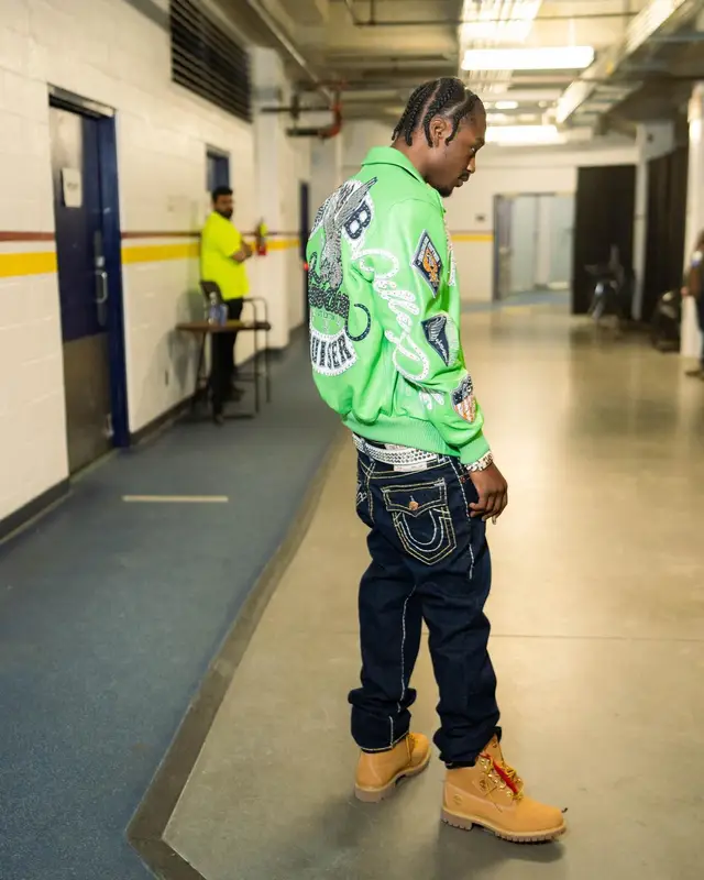Lil Tjay outfit in True Religion, Timberland, and B.B. Simon, 2024