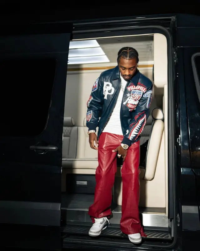 Lil Tjay outfit in Pelle Pelle, Whensmokeclears, and Jordan, 2024