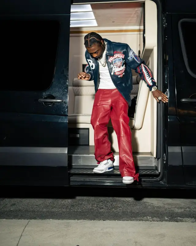 Lil Tjay outfit in Pelle Pelle, Whensmokeclears, and Jordan, 2024