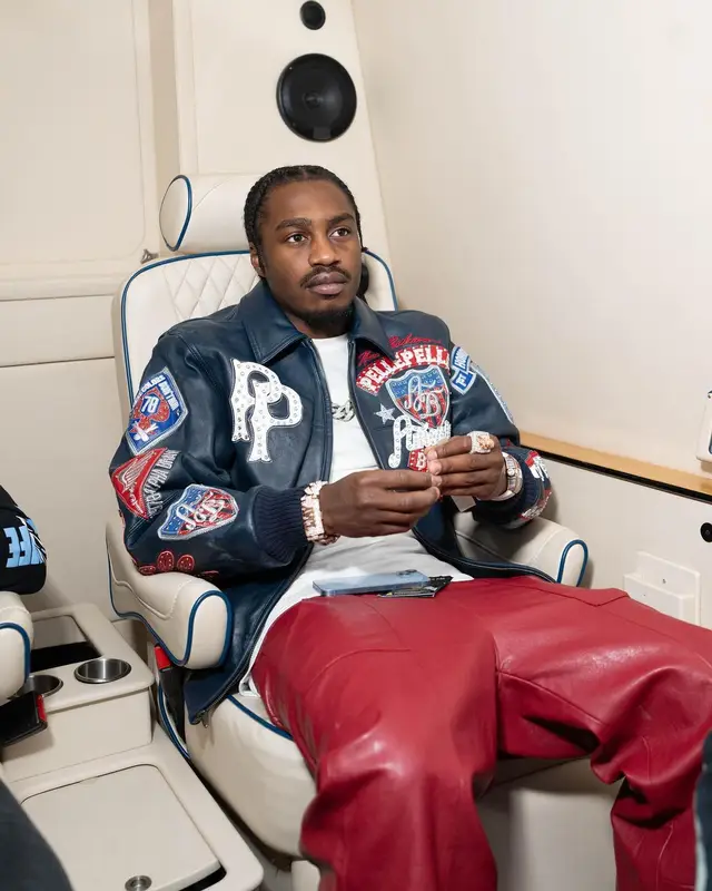 Lil Tjay outfit in Pelle Pelle, Whensmokeclears, and Jordan, 2024