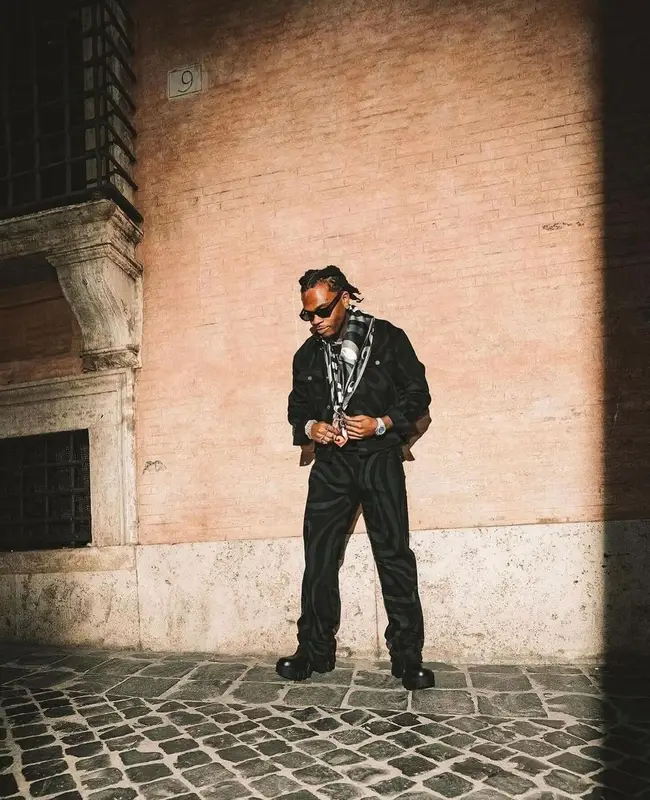 Gunna outfit in Emilio Pucci, Balenciaga, and Saint Laurent, 2024