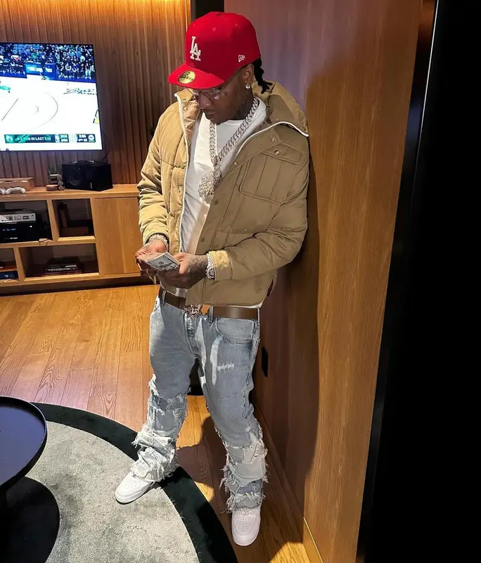 Moneybagg Yo outfit in Moncler, New Era, and Palm Angels, 2024