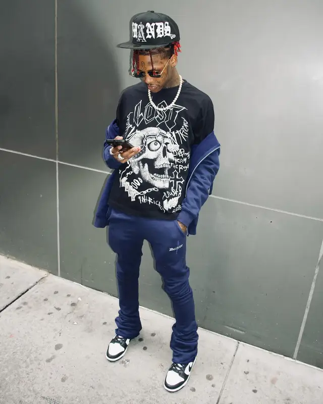 Famous Dex outfit in Doctrine Denim, Lost Intricacy, and Nike, 2024