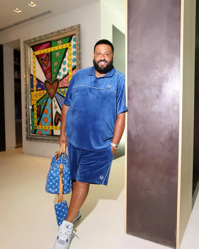 DJ Khaled outfit in Sergio Tacchini, Jordan, and Louis Vuitton, 2024