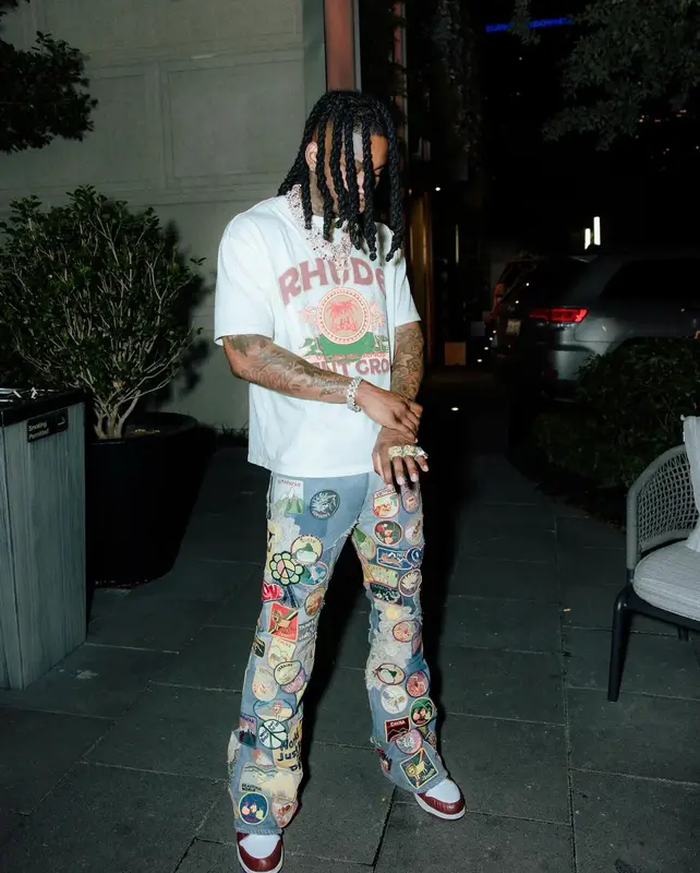 Polo G outfit in Rhude, Kapital, and Supreme, 2024