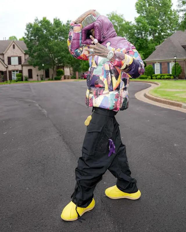 NLE Choppa outfit in Canada Goose, Junya Watanabe, and KidSuper, 2024