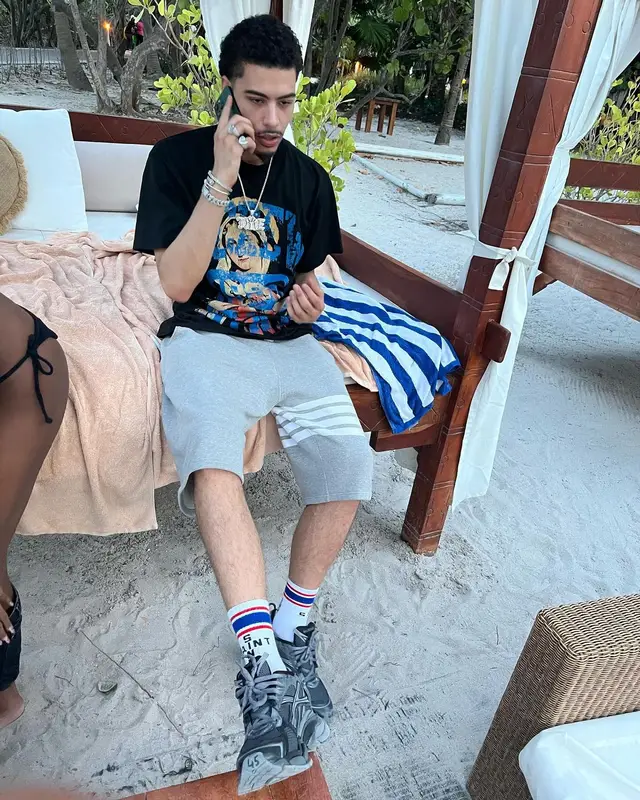 Jay Critch outfit in Thom Browne, Balenciaga, and Saint Michael, 2024