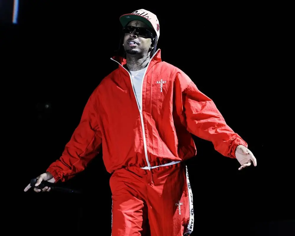21 Savage outfit in Saint Michael and Mitchell & Ness, 2024