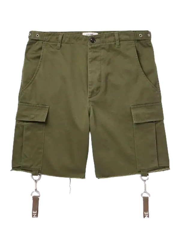 Celine Wide-Leg Strap-Embellished Cotton-Twill Cargo Shorts $1300