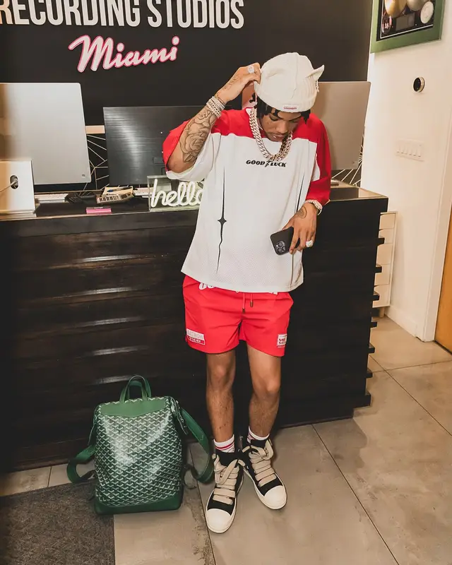 Lil Migo outfit in Mr. Saturday, Rick Owens, and Loverboy by Charles Jeffrey, 2024