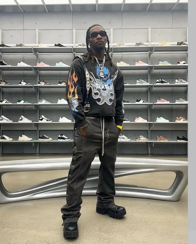 Offset outfit in Offset Merch, Rick Owens, and Prada, 2024