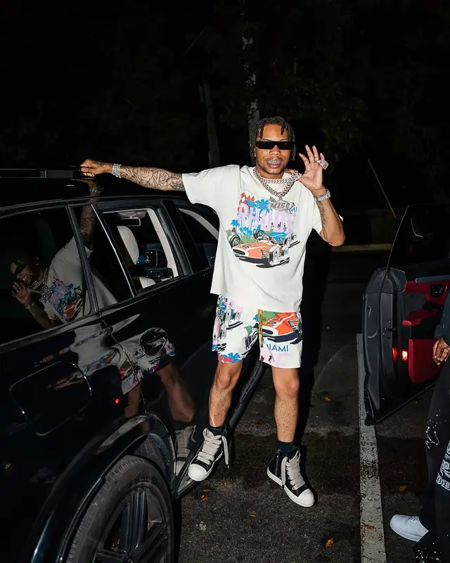 Lil Migo outfit in Rhude, Goyard, and Rick Owens, 2024