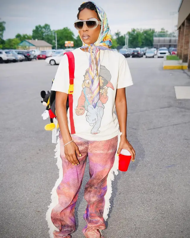 DeJ Loaf outfit in Adidas, Disney, and Loewe, 2024