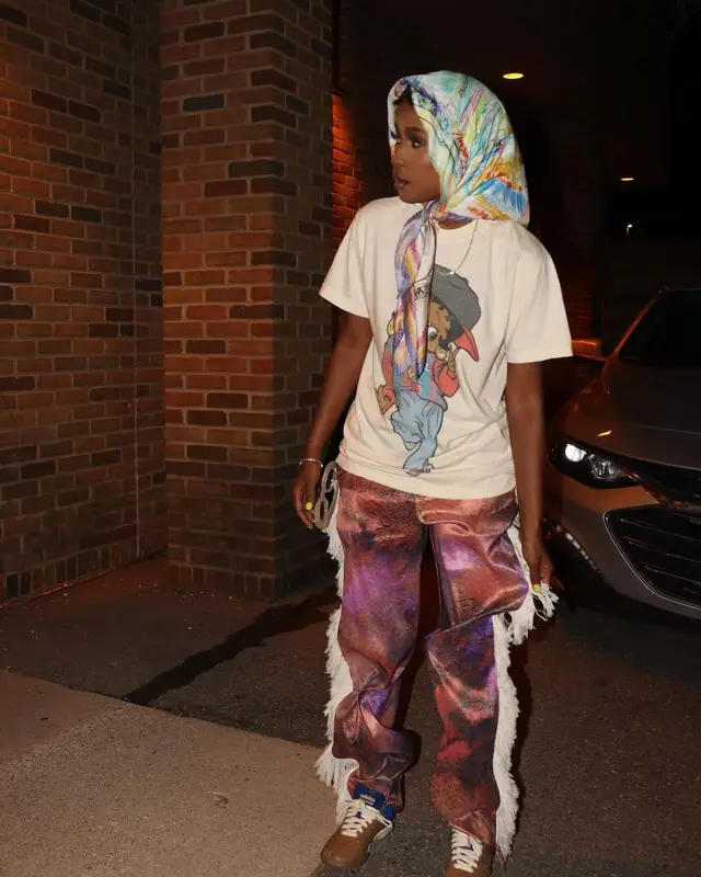 DeJ Loaf outfit in Adidas, Disney, and Loewe, 2024
