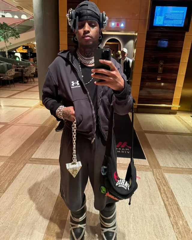 Ski Mask The Slump God outfit in Rick Owens, Balenciaga, and Under Armour, 2024