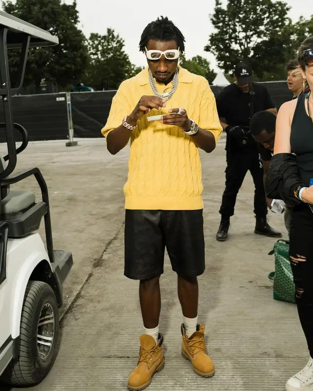 Lil Tjay outfit in Drole De Monsieur and Timberland, 2024