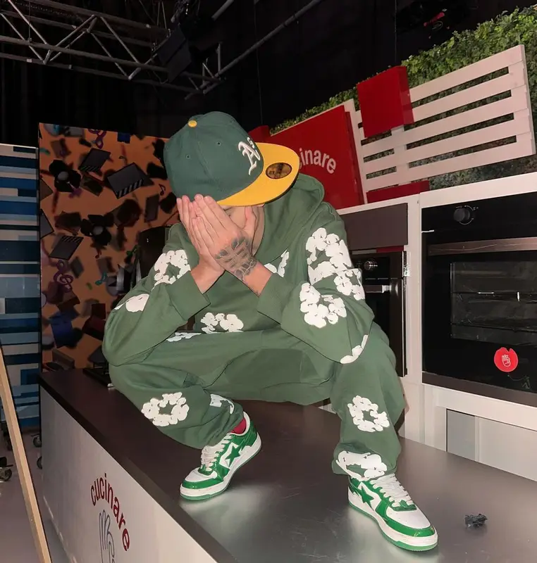 Lucho SSJ outfit in Denim Tears, Bape, and New Era, 2024