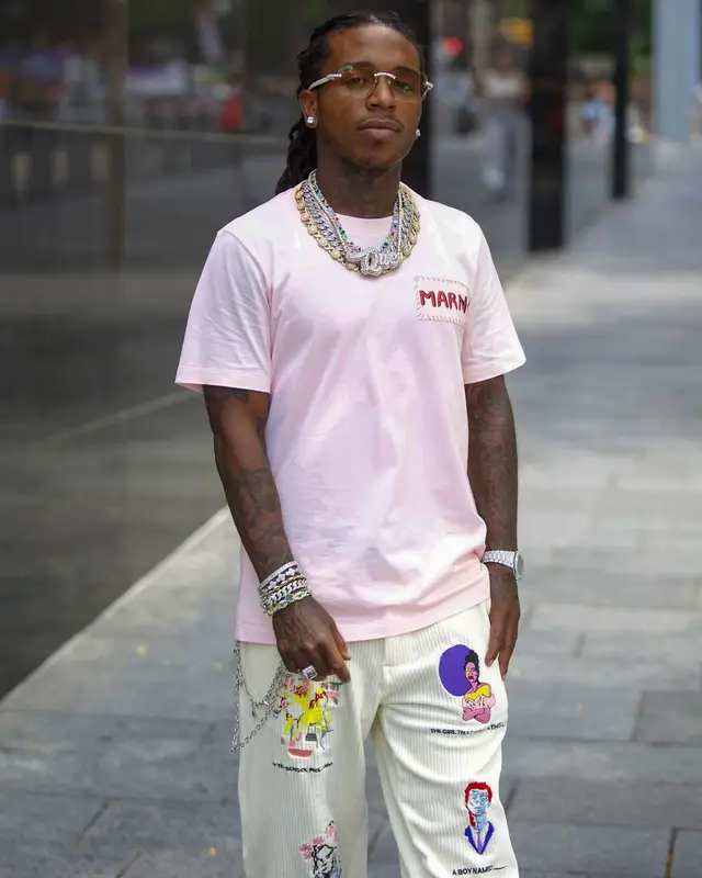 Jacquees outfit in Marni, KidSuper, and Rick Owens, 2024