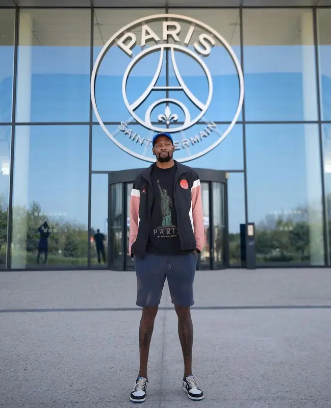 Kevin Durant outfit in Jordan, Balenciaga, and Paris Saint-Germain, 2024