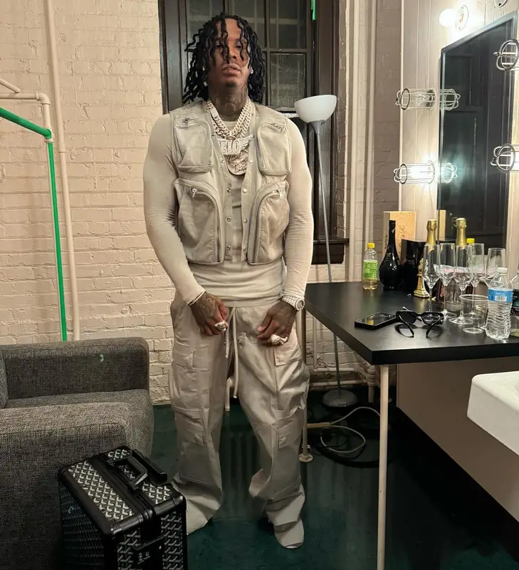 Moneybagg Yo outfit in Rick Owens, Goyard, and Prada, 2024